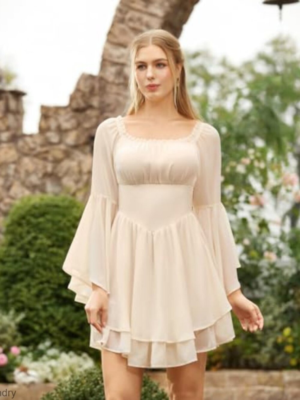 Off Shoulder Corset Dress with Bell Sleeves and Pockets, Mini Length - Picture 2 of 7